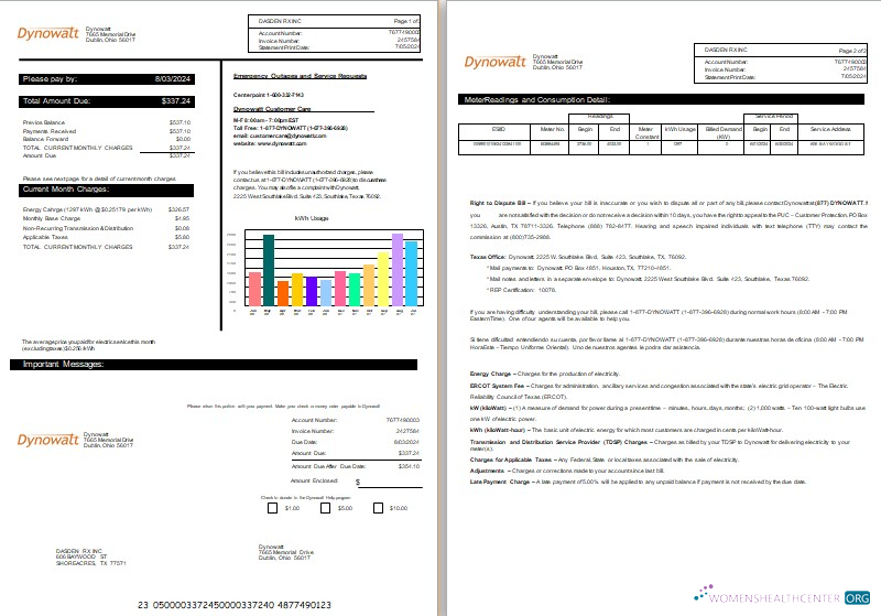 New York Dynowatt electricity business utility bill Word and PDF formats, 2 pages
